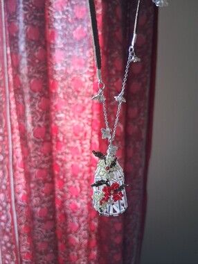 Beaded Birdcage & Flower Pendant Necklace with Ribbon Tie Closure